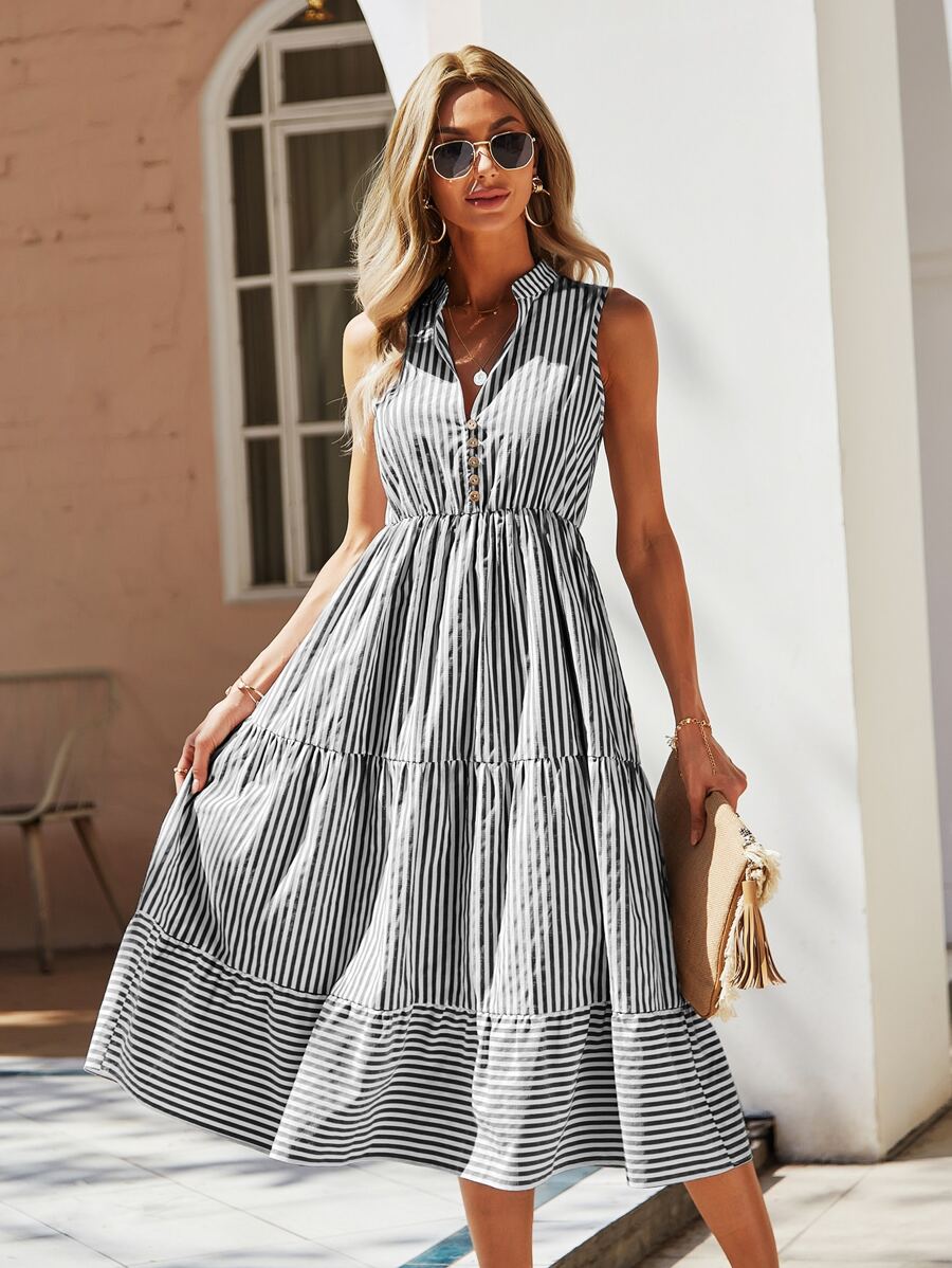 SHEIN Holidaya Striped Print Notched Neck A-line Dress - Multicolor - View 1