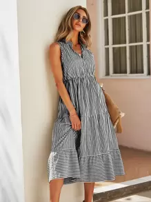 SHEIN Holidaya Striped Print Notched Neck A-line Dress - Multicolor - View 6