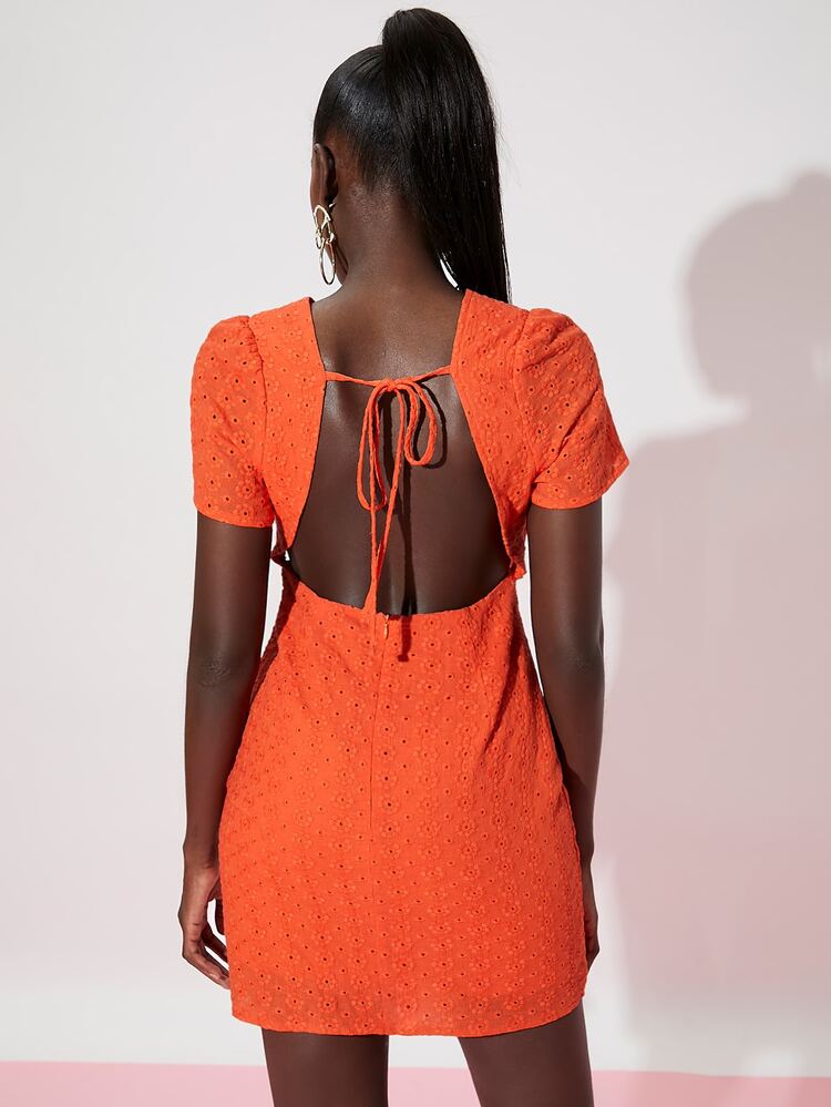 SHEIN MOD Knotted Ruffle Trim Cut-out Tied Backless Eyelet Embroidery Dress - Orange - View 2
