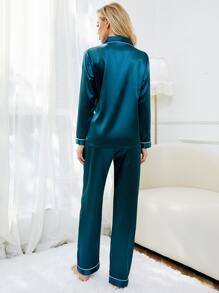 Contrast Binding Satin Pyjama Set - Teal Blue - View 2