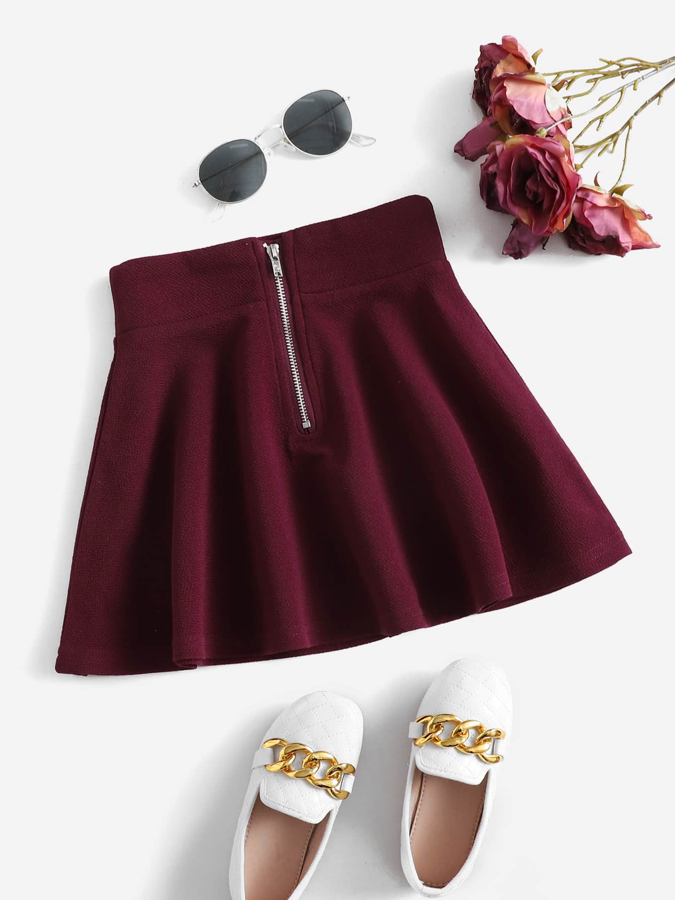 SHEIN 女の子幼児 ハーフジッパー フレアスカート - マルーン - 見る 1