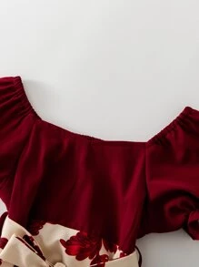 SHEIN 年輕女孩花卉印花泡泡袖收縮腰帶連衣裙