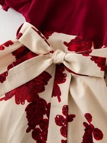 SHEIN 年輕女孩花卉印花泡泡袖收縮腰帶連衣裙