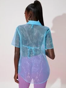 Slaydiva Blusa unicolor con botón tapeta transparente sin sujetador - Azul - Ver 2