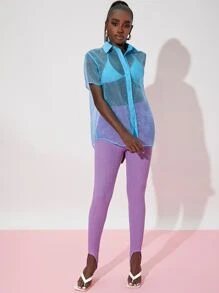 Slaydiva Blusa unicolor con botón tapeta transparente sin sujetador - Azul - Ver 3