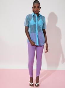 Slaydiva Blusa unicolor con botón tapeta transparente sin sujetador - Azul - Ver 4