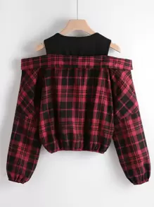 SHEIN MOOSTA Plaid O-ring Zipper Cold Shoulder Blouse