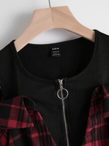 SHEIN MOOSTA Plaid O-ring Zipper Cold Shoulder Blouse