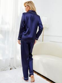 LuxeNights Contrast Binding Satin Pyjama Set - Navy Blue - View 2