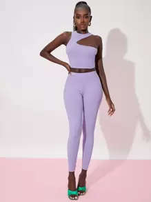 SHEIN 前鏤空背心上衣和緊身打底褲 - 紫丁香色 - 查看 1