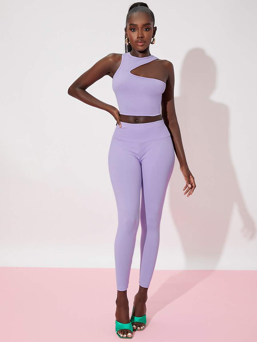 SHEIN 前鏤空背心上衣和緊身打底褲 - 紫丁香色 - 查看 1