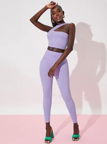 SHEIN 前鏤空背心上衣和緊身打底褲 - 紫丁香色 - 查看 3