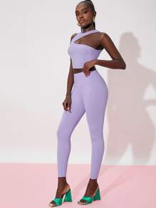 SHEIN 前鏤空背心上衣和緊身打底褲 - 紫丁香色 - 查看 5