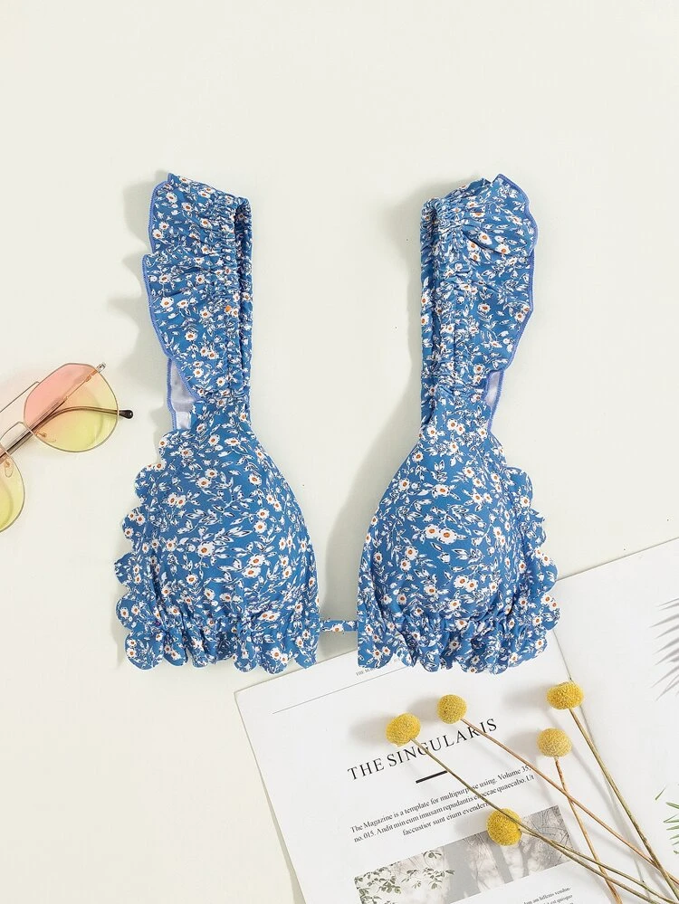 Summer Beach Ditsy Floral Print Ruffle Trim Bikini Top