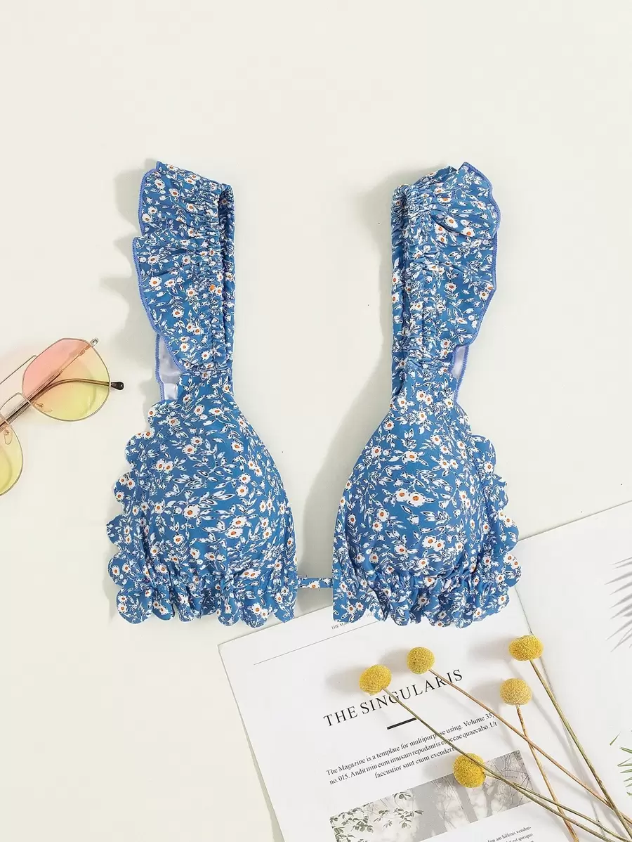 Swim Mod 夏日海滩碎花印花荷叶边比基尼上衣