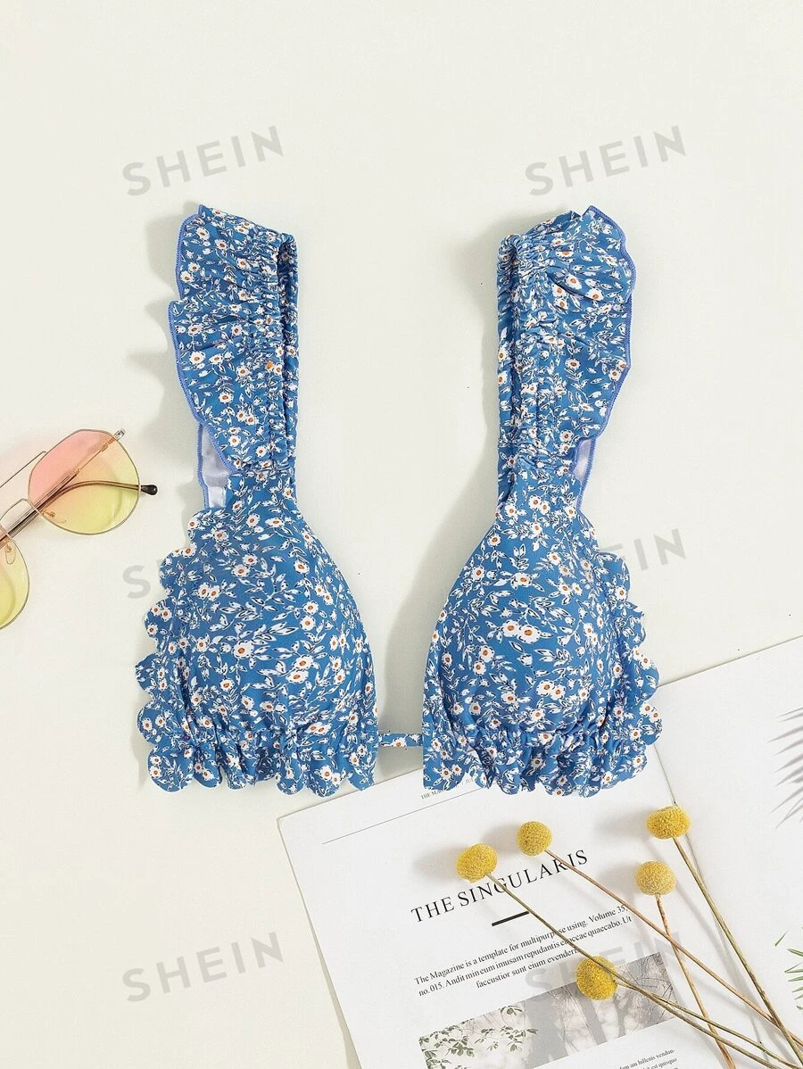 Swim Mod Top de bikini con volantes y estampado floral diminuto de verano - Multicolor - Ver 1