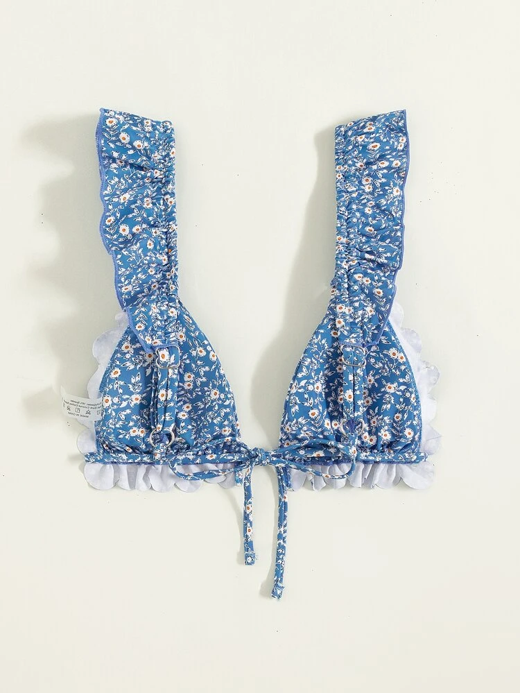 Summer Beach Ditsy Floral Print Ruffle Trim Bikini Top