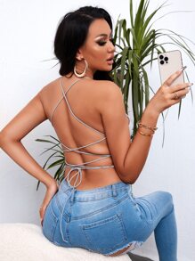 SHEIN SXY 露背繫帶吊帶短上衣 - 淺灰色 - 查看 1