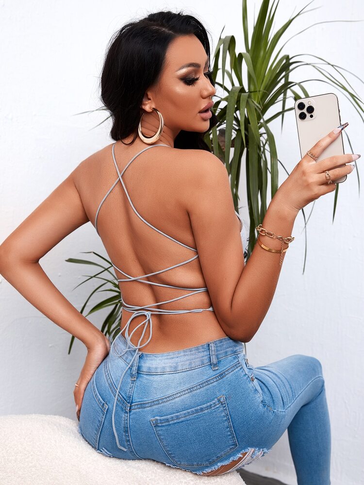 SHEIN SXY Backless Lace Up Crop Cami Top - Light Grey - View 1