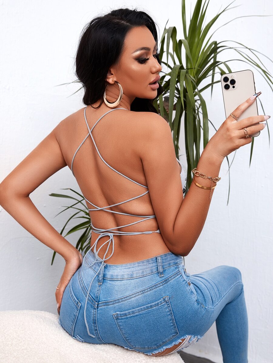 SHEIN SXY 露背繫帶吊帶短上衣 - 淺灰色 - 查看 1