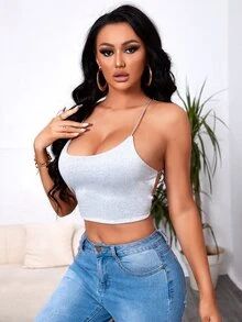 SHEIN SXY 露背繫帶吊帶短上衣 - 淺灰色 - 查看 3