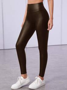 SHEIN Privé 寬腰帶素色緊身打底褲 - 咖啡棕 - 查看 4
