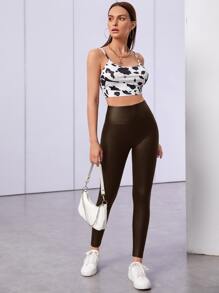 SHEIN Privé 寬腰帶素色緊身打底褲 - 咖啡棕 - 查看 5