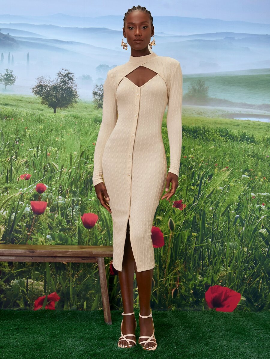 SHEINNeu Mock Neck Cut Out Front Buttoned Split Hem Dress - Apricot - View 1