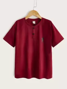 SHEIN Boys Letter Graphic Button Detail Tee - Burgundy - View 1