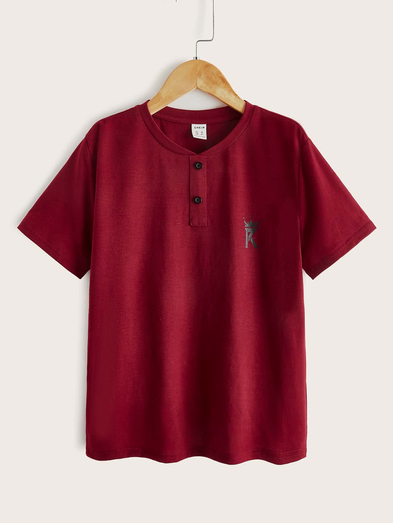 SHEIN Boys Letter Graphic Button Detail Tee - Burgundy - View 1