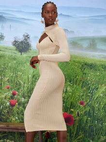 SHEINNeu Mock Neck Cut Out Front Buttoned Split Hem Dress - Apricot - View 3