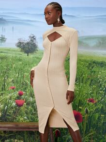 SHEINNeu Mock Neck Cut Out Front Buttoned Split Hem Dress - Apricot - View 4