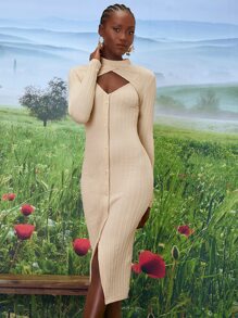 SHEINNeu Mock Neck Cut Out Front Buttoned Split Hem Dress - Apricot - View 5