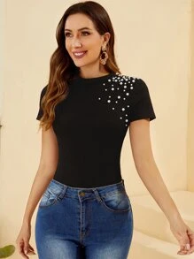 SHEIN Privé Camiseta con cuenta de perla de cuello redondo - Negro - Ver 2