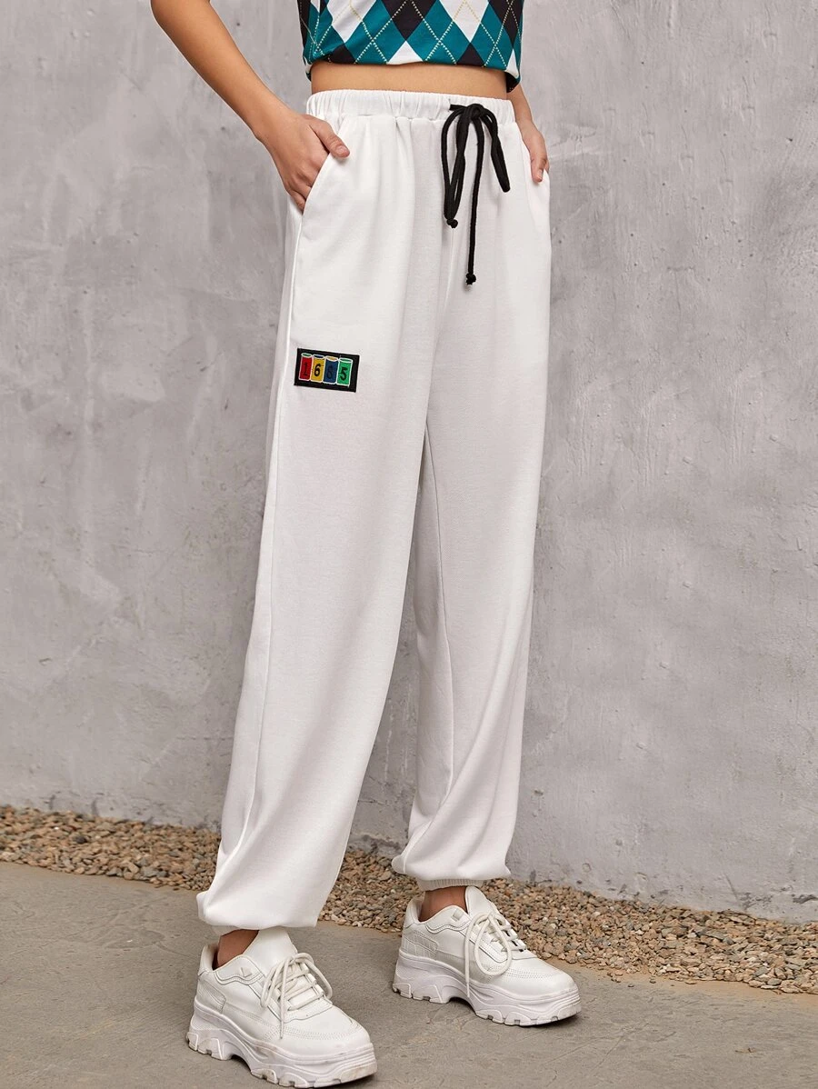 SHEIN EZwear Patched Detail Drawstring Waist Joggers - White - View 1