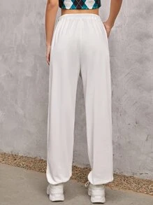 SHEIN EZwear Patched Detail Drawstring Waist Joggers - White - View 2