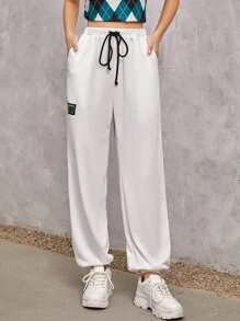 SHEIN EZwear Patched Detail Drawstring Waist Joggers - White - View 3