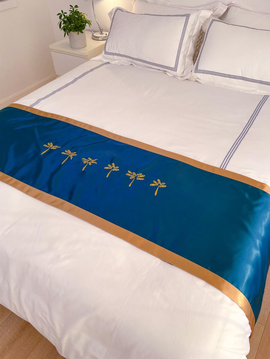 Người chạy giường satin thêu cây - Xanh đậm - Xem 1