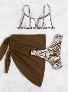 SHEIN Swim Summer Beach 3packs Fluid Pattern V Wired Bikini & Beach Skirt - Multicolor - View 2