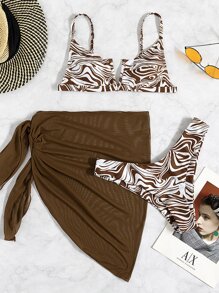 SHEIN Swim Summer Beach 3packs Fluid Pattern V Wired Bikini & Beach Skirt - Multicolor - View 1