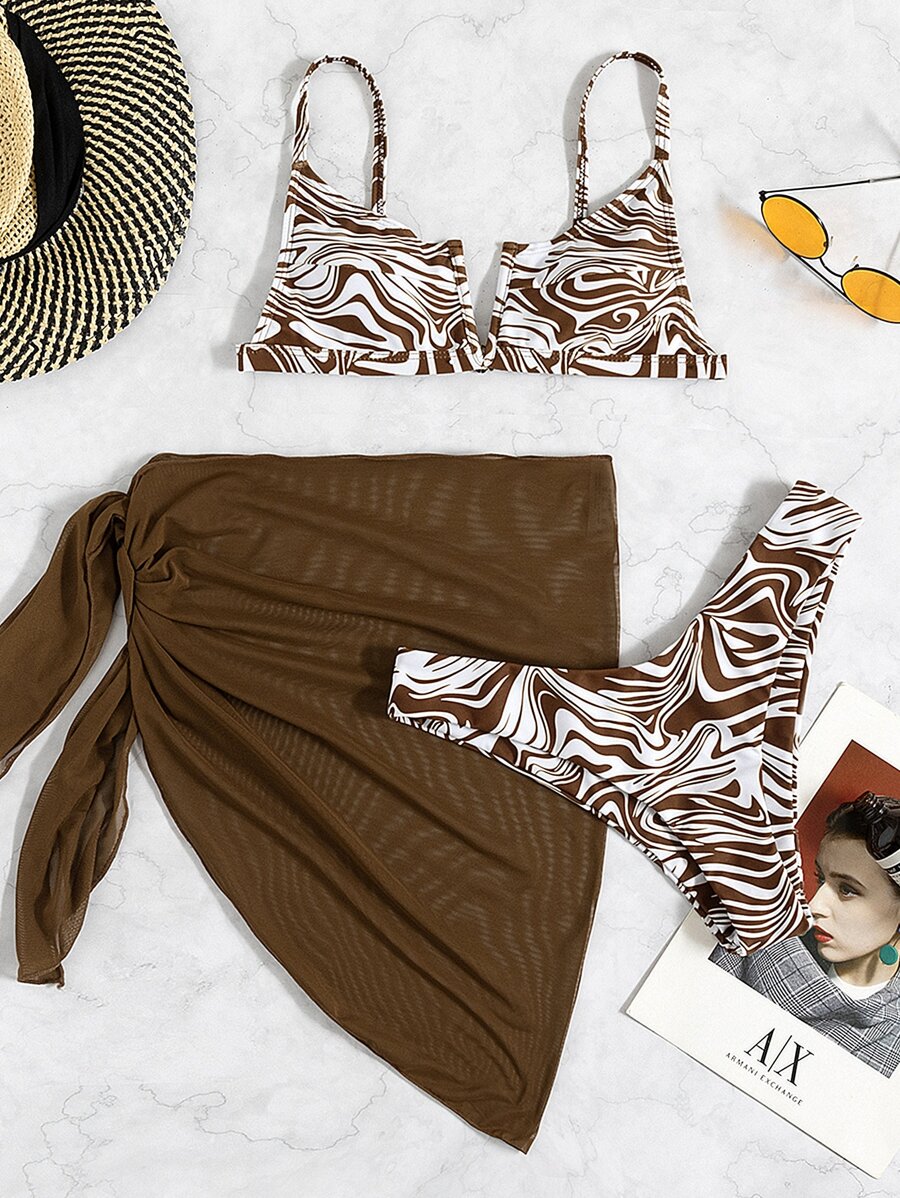 SHEIN Swim Summer Beach 3packs Fluid Pattern V Wired Bikini & Beach Skirt - Multicolor - View 1