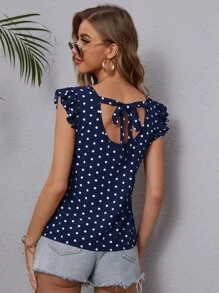 波卡圓點荷葉邊V領襯衫 - 藏蓝色 - 查看 1