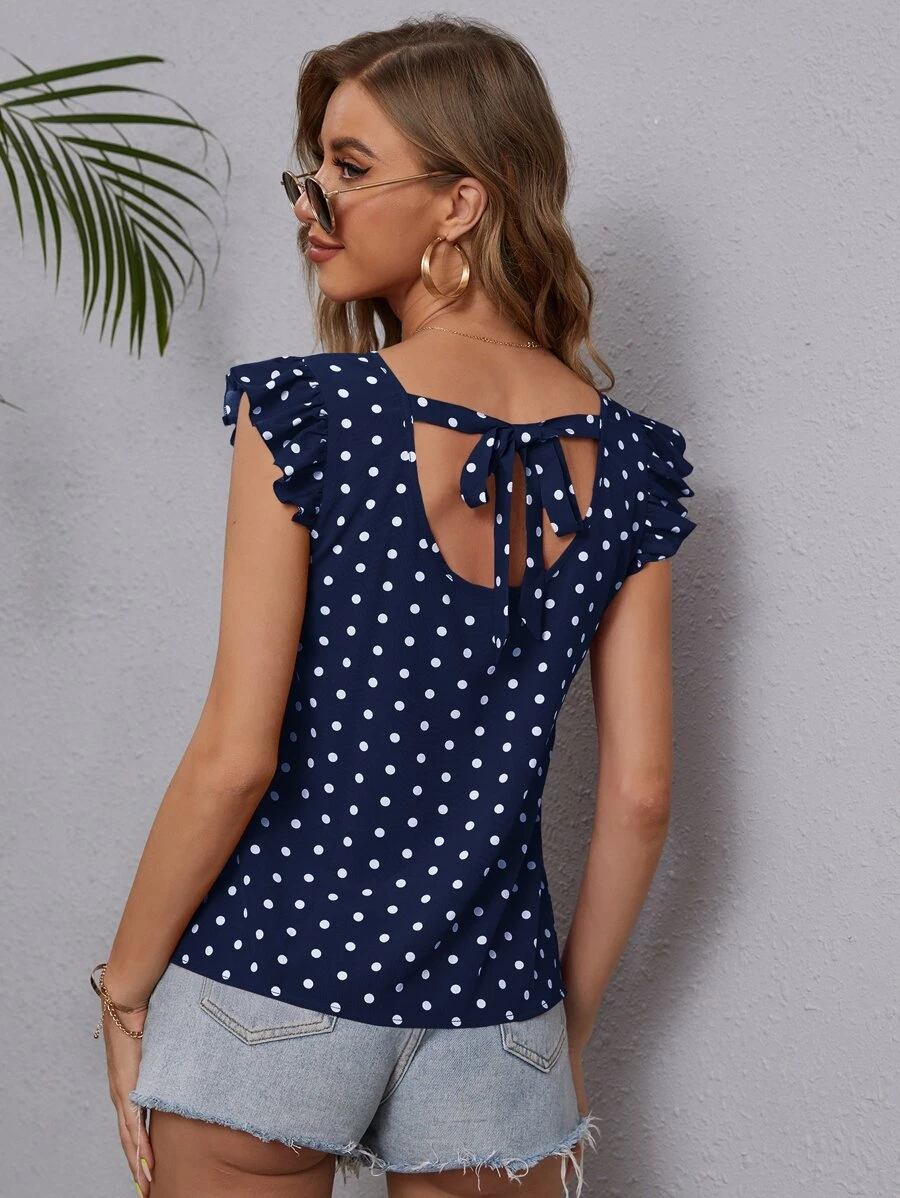 波卡圓點荷葉邊V領襯衫 - 藏蓝色 - 查看 1