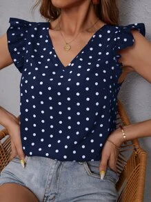 波卡圓點荷葉邊V領襯衫 - 藏蓝色 - 查看 2