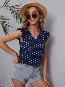 波卡圓點荷葉邊V領襯衫 - 藏蓝色 - 查看 3