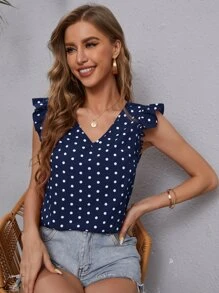 波卡圓點荷葉邊V領襯衫 - 藏蓝色 - 查看 4