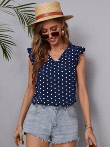 波卡圓點荷葉邊V領襯衫 - 藏蓝色 - 查看 5