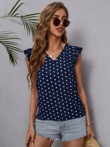 波卡圓點荷葉邊V領襯衫 - 藏蓝色 - 查看 6