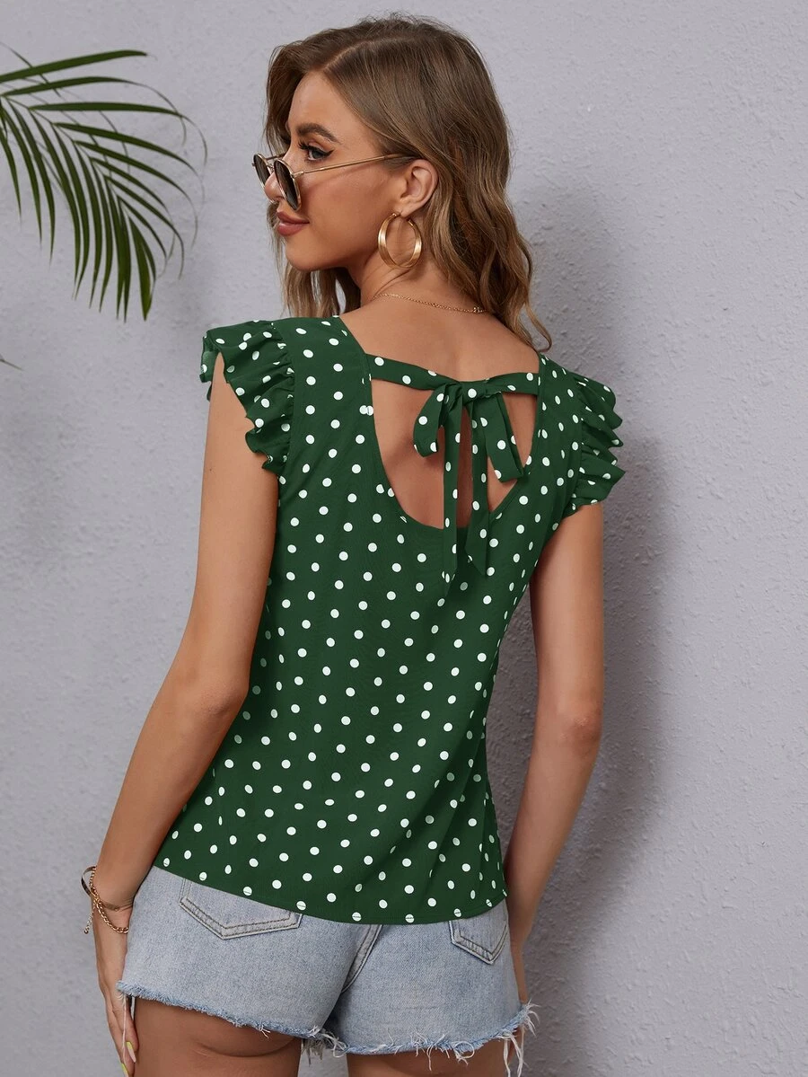 Blusa de lunares ribete con fruncido escote V - Verde Oscuro - Ver 1