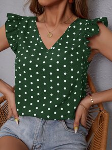 Blusa de lunares ribete con fruncido escote V - Verde Oscuro - Ver 2